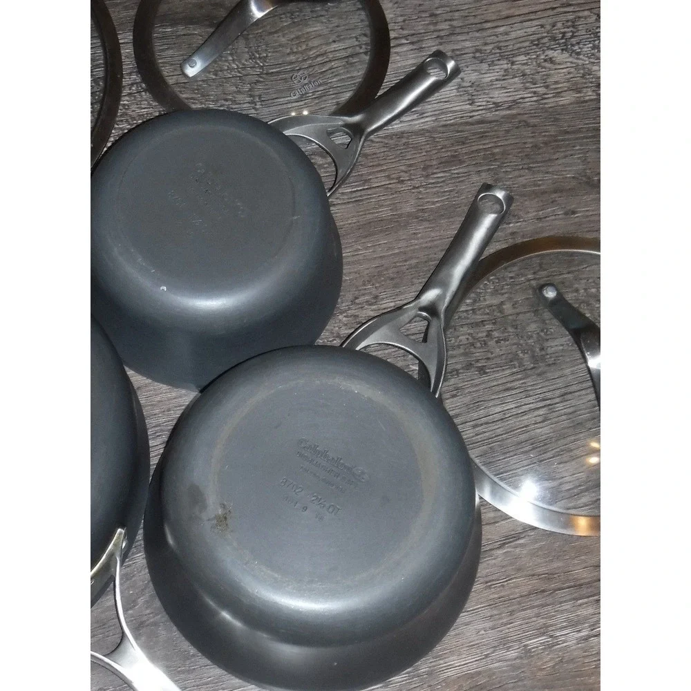 Calphalon Sauce Pan Set 2.5 Qt & Small Pot Gray Nonstick Good Condition Lids